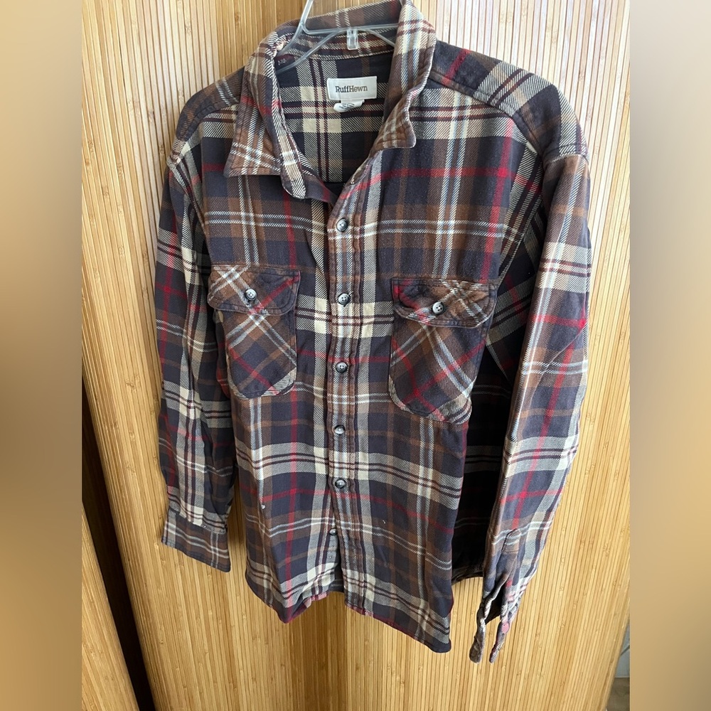 Men Ruff Hewn Brown and Red Plaid Shirt Large
